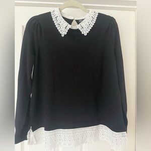Adrianna Papell Black Top with White Lace Collar and Hem
